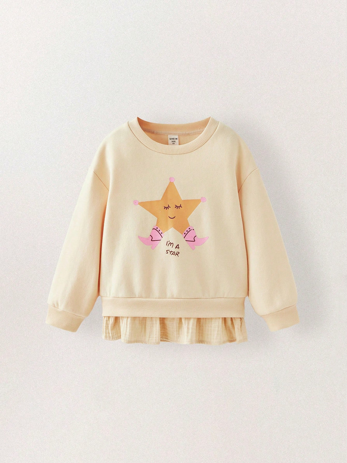 THE HAPPY LOOK Young Girls Cute Star Print Beige Drop Shoulder Sweatshirts With Ruffle Hem, Casual Everyday Whimsical Style