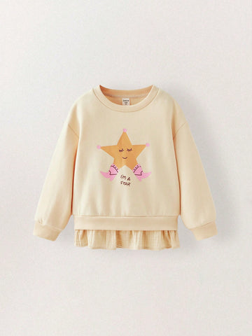 THE HAPPY LOOK Young Girls Cute Star Print Beige Drop Shoulder Sweatshirts With Ruffle Hem, Casual Everyday Whimsical Style
