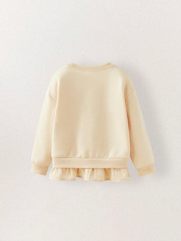 THE HAPPY LOOK Young Girls Cute Star Print Beige Drop Shoulder Sweatshirts With Ruffle Hem, Casual Everyday Whimsical Style