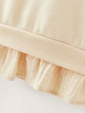THE HAPPY LOOK Young Girls Cute Star Print Beige Drop Shoulder Sweatshirts With Ruffle Hem, Casual Everyday Whimsical Style