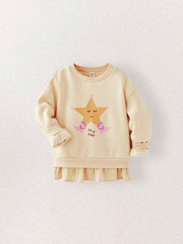THE HAPPY LOOK Young Girls Cute Star Print Beige Drop Shoulder Sweatshirts With Ruffle Hem, Casual Everyday Whimsical Style