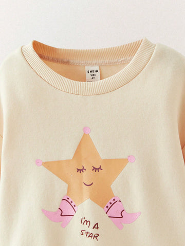 THE HAPPY LOOK Young Girls Cute Star Print Beige Drop Shoulder Sweatshirts With Ruffle Hem, Casual Everyday Whimsical Style
