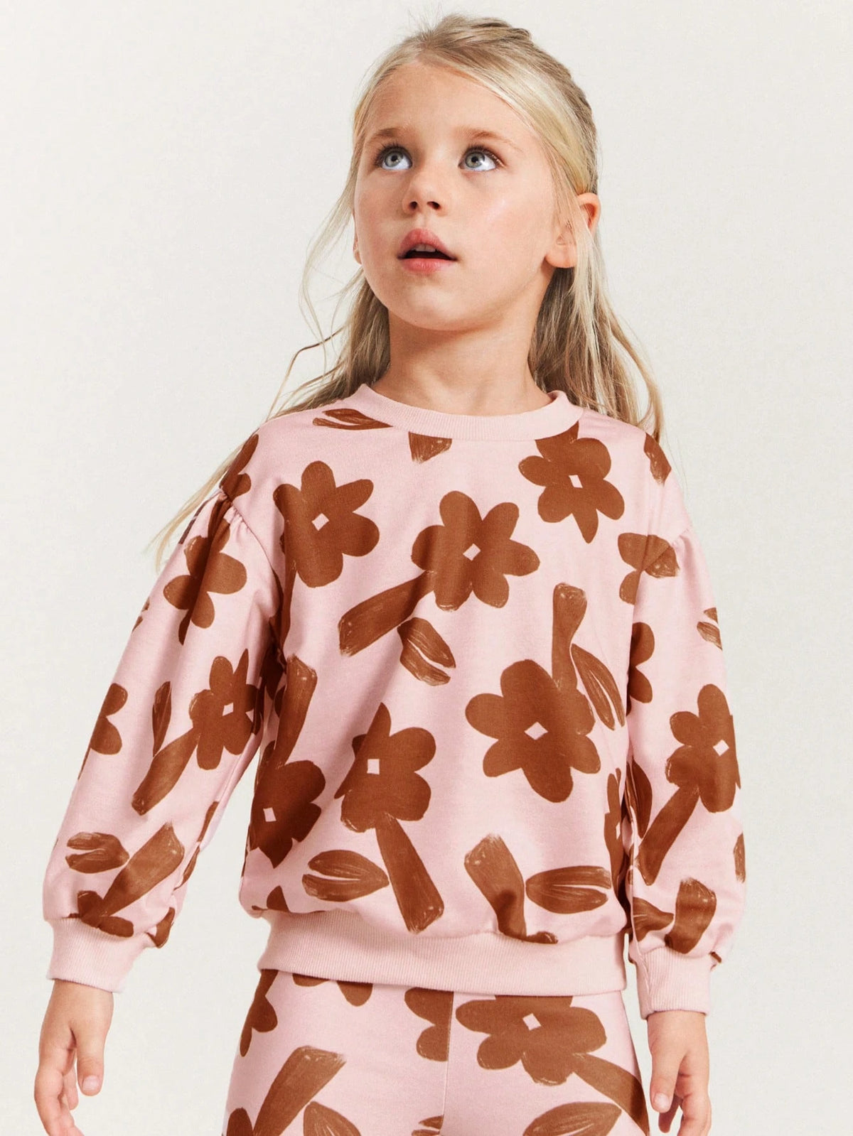 THE HAPPY LOOK Young Girls Floral Pattern Pink Knitted Crewneck Long Sweatshirts, Casual Outdoor Sports Style