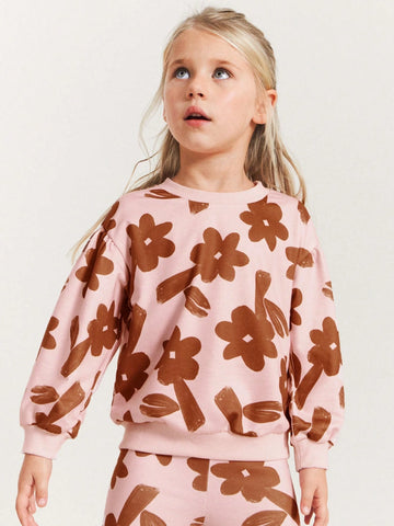 THE HAPPY LOOK Young Girls Floral Pattern Pink Knitted Crewneck Long Sweatshirts, Casual Outdoor Sports Style