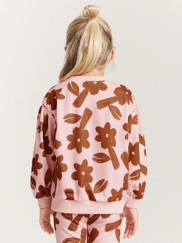 THE HAPPY LOOK Young Girls Floral Pattern Pink Knitted Crewneck Long Sweatshirts, Casual Outdoor Sports Style