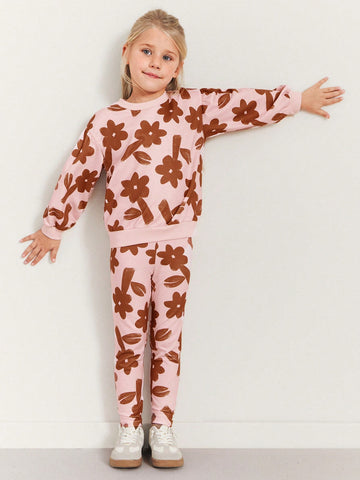 THE HAPPY LOOK Young Girls Floral Pattern Pink Knitted Crewneck Long Sweatshirts, Casual Outdoor Sports Style