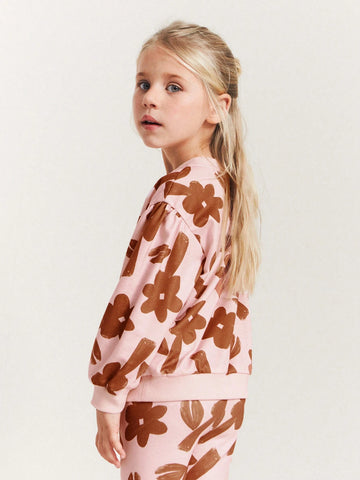 THE HAPPY LOOK Young Girls Floral Pattern Pink Knitted Crewneck Long Sweatshirts, Casual Outdoor Sports Style
