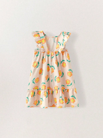 Young Girls Floral Print Ruffled Waist Elastic Dresses