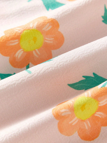 Young Girls Floral Print Ruffled Waist Elastic Dresses