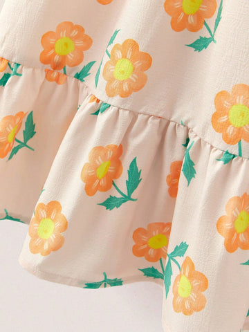 Young Girls Floral Print Ruffled Waist Elastic Dresses