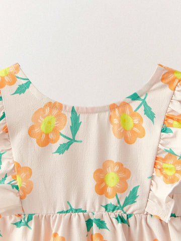 Young Girls Floral Print Ruffled Waist Elastic Dresses