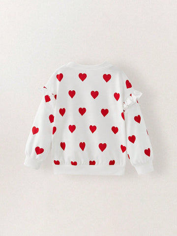 THE HAPPY LOOK Young Girls Heart Print Crew Neck Long Sleeve Sweatshirts With Ruffle Sleeves, Casual For Daily Wear, Suitable For Autumn/Winter And Valentine's Day