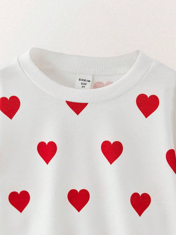 THE HAPPY LOOK Young Girls Heart Print Crew Neck Long Sleeve Sweatshirts With Ruffle Sleeves, Casual For Daily Wear, Suitable For Autumn/Winter And Valentine's Day