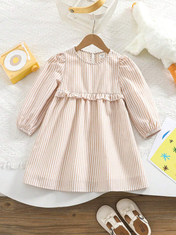 THE HAPPY LOOK Young Girls' Khaki Striped Woven Waist Ruffle Hem Puff Sleeve A-Line Dresses, Cute Vacation Style
