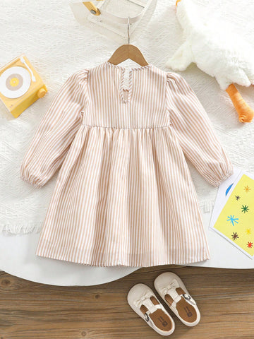 THE HAPPY LOOK Young Girls' Khaki Striped Woven Waist Ruffle Hem Puff Sleeve A-Line Dresses, Cute Vacation Style