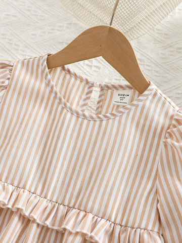 THE HAPPY LOOK Young Girls' Khaki Striped Woven Waist Ruffle Hem Puff Sleeve A-Line Dresses, Cute Vacation Style
