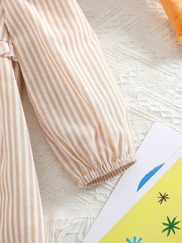 THE HAPPY LOOK Young Girls' Khaki Striped Woven Waist Ruffle Hem Puff Sleeve A-Line Dresses, Cute Vacation Style