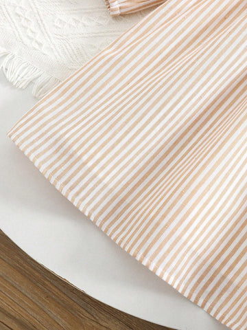 THE HAPPY LOOK Young Girls' Khaki Striped Woven Waist Ruffle Hem Puff Sleeve A-Line Dresses, Cute Vacation Style