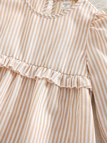 THE HAPPY LOOK Young Girls' Khaki Striped Woven Waist Ruffle Hem Puff Sleeve A-Line Dresses, Cute Vacation Style