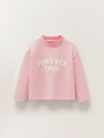 THE HAPPY LOOK Young Girls Letter Print Pink Dropped Shoulder Long Sleeve Casual Sweatshirt
