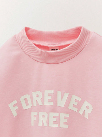 THE HAPPY LOOK Young Girls Letter Print Pink Dropped Shoulder Long Sleeve Casual Sweatshirt