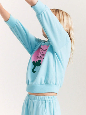 THE HAPPY LOOK Young Girls' Oversized Floral Print Round Neck Drop Shoulder Long Sleeve Sweatshirt, Casual Everyday Wear