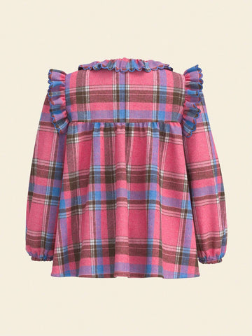 THE HAPPY LOOK Young Girls Pink Ruffled Collar Long Sleeve Casual Blouse For Fall & Winter