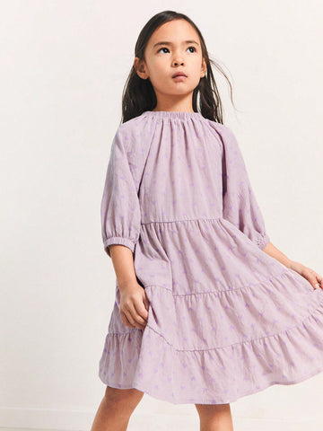 THE HAPPY LOOK Young Girls' Plaid Jacquard Off Shoulder Puff Sleeve A-Line Loose Dress, Vacation Style, Spring