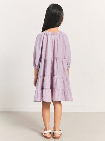 THE HAPPY LOOK Young Girls' Plaid Jacquard Off Shoulder Puff Sleeve A-Line Loose Dress, Vacation Style, Spring