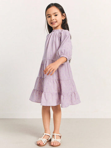 THE HAPPY LOOK Young Girls' Plaid Jacquard Off Shoulder Puff Sleeve A-Line Loose Dress, Vacation Style, Spring