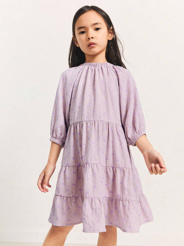 THE HAPPY LOOK Young Girls' Plaid Jacquard Off Shoulder Puff Sleeve A-Line Loose Dress, Vacation Style, Spring