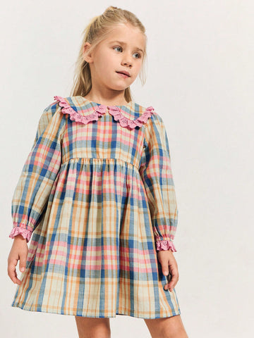 THE HAPPY LOOK Young Girls' Plaid Pattern Peter Pan Collar Ruffled Lace Puff Sleeve Waisted Flare Hem Dresses, Countryside Vacation Style