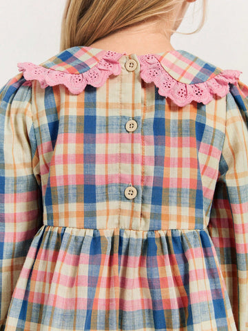 THE HAPPY LOOK Young Girls' Plaid Pattern Peter Pan Collar Ruffled Lace Puff Sleeve Waisted Flare Hem Dresses, Countryside Vacation Style