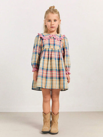 THE HAPPY LOOK Young Girls' Plaid Pattern Peter Pan Collar Ruffled Lace Puff Sleeve Waisted Flare Hem Dresses, Countryside Vacation Style