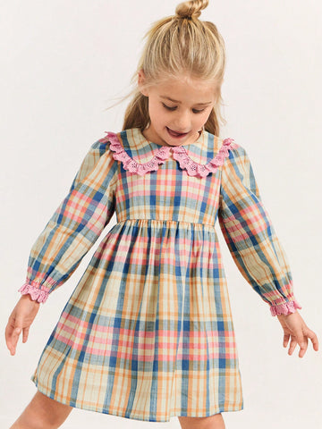 THE HAPPY LOOK Young Girls' Plaid Pattern Peter Pan Collar Ruffled Lace Puff Sleeve Waisted Flare Hem Dresses, Countryside Vacation Style