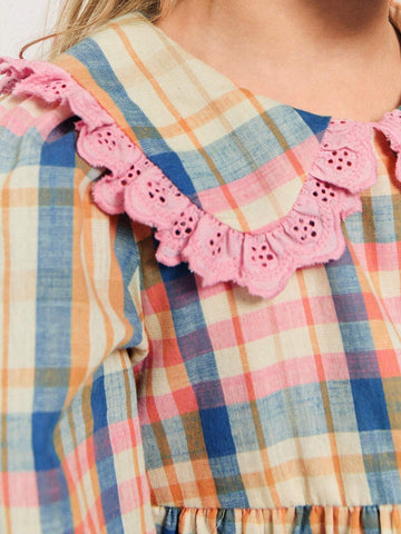 THE HAPPY LOOK Young Girls' Plaid Pattern Peter Pan Collar Ruffled Lace Puff Sleeve Waisted Flare Hem Dresses, Countryside Vacation Style