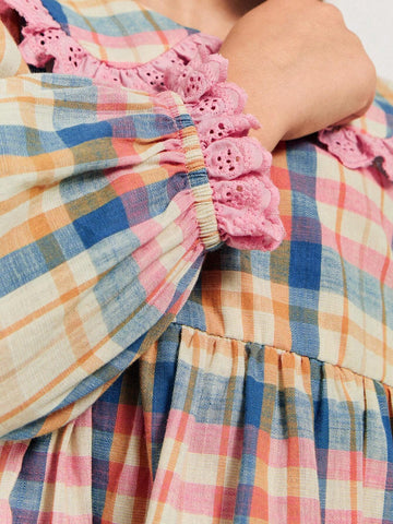 THE HAPPY LOOK Young Girls' Plaid Pattern Peter Pan Collar Ruffled Lace Puff Sleeve Waisted Flare Hem Dresses, Countryside Vacation Style