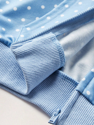 THE HAPPY LOOK Young Girl's Polka Dot Print Long Sleeve Zip Up Hooded Sweatshirt And Casual 2-Piece Set, Autumn/Winter