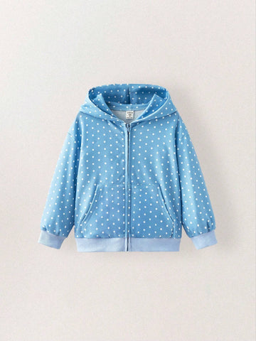 THE HAPPY LOOK Young Girl's Polka Dot Print Long Sleeve Zip Up Hooded Sweatshirt And Casual 2-Piece Set, Autumn/Winter