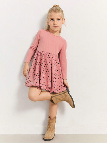 THE HAPPY LOOK Young Girls Smocking Fabric Pieced Cutout Woven Fabric Round Neck Long Sleeve A-Line Flared Hem Pink Casual Dress