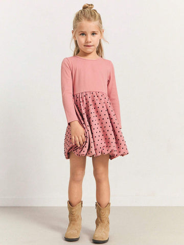 THE HAPPY LOOK Young Girls Smocking Fabric Pieced Cutout Woven Fabric Round Neck Long Sleeve A-Line Flared Hem Pink Casual Dress
