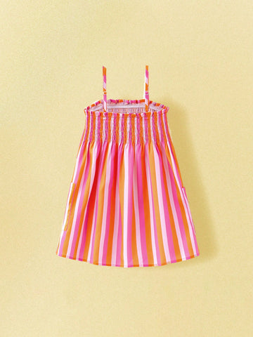 Young Girls' Spaghetti Strap Striped Ruffle Trim Pocket Dress