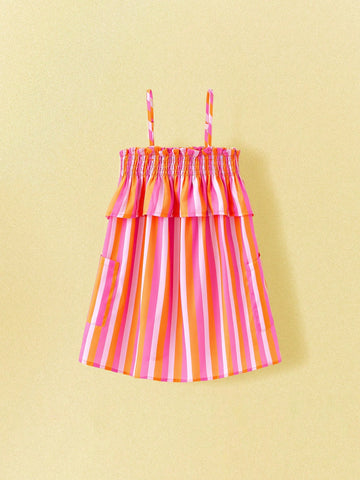 Young Girls' Spaghetti Strap Striped Ruffle Trim Pocket Dress