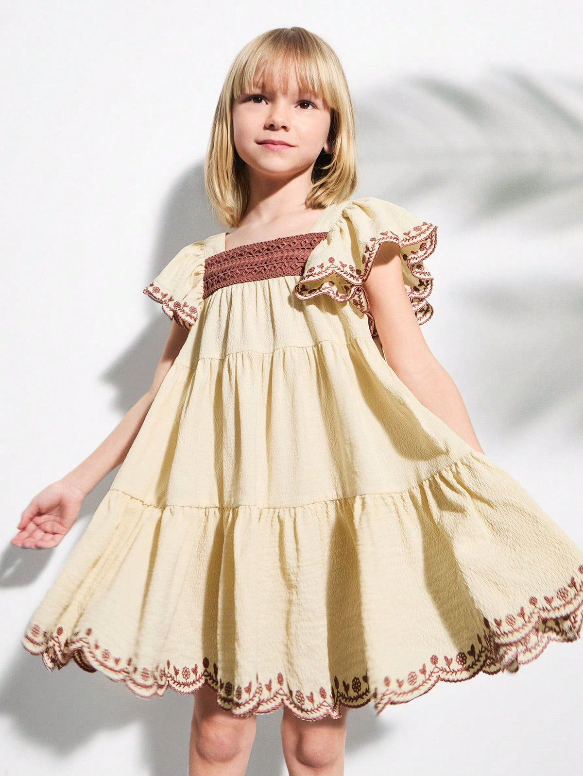 Young Girls' Square Neck Brown Lace Trim Embroidered Sleeve & Hem Beige A-Line Dresses