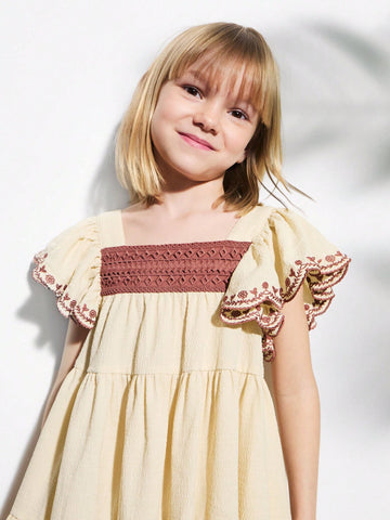 Young Girls' Square Neck Brown Lace Trim Embroidered Sleeve & Hem Beige A-Line Dresses
