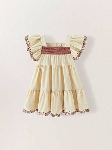 Young Girls' Square Neck Brown Lace Trim Embroidered Sleeve & Hem Beige A-Line Dresses