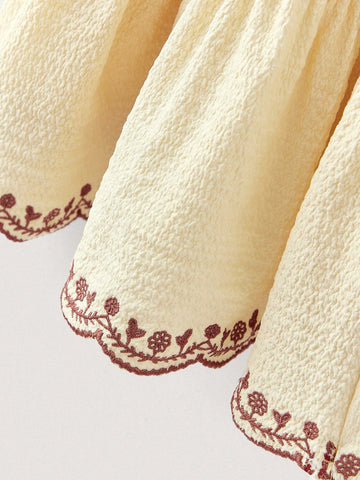 Young Girls' Square Neck Brown Lace Trim Embroidered Sleeve & Hem Beige A-Line Dresses