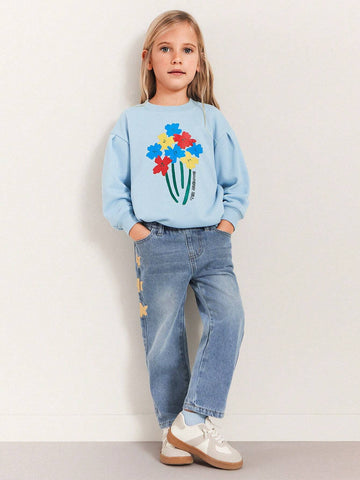 THE HAPPY LOOK Young Girls Star Print Loose Elastic Waist Blue Denim Straight Jeans
