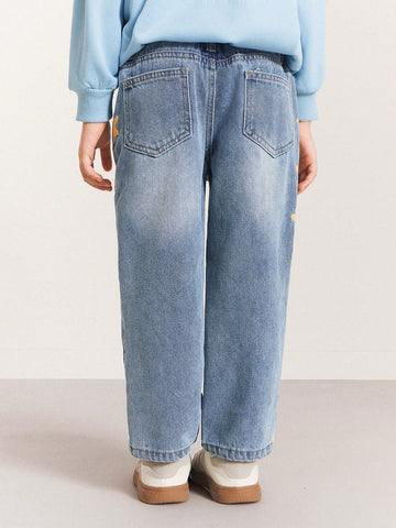THE HAPPY LOOK Young Girls Star Print Loose Elastic Waist Blue Denim Straight Jeans