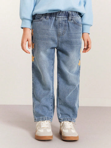 THE HAPPY LOOK Young Girls Star Print Loose Elastic Waist Blue Denim Straight Jeans